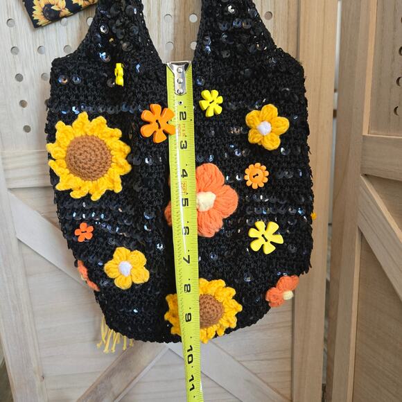FLR PWR Upcycled Sunflower Hobo bag coin purse black sequin yellow orange - Picture 14 of 17